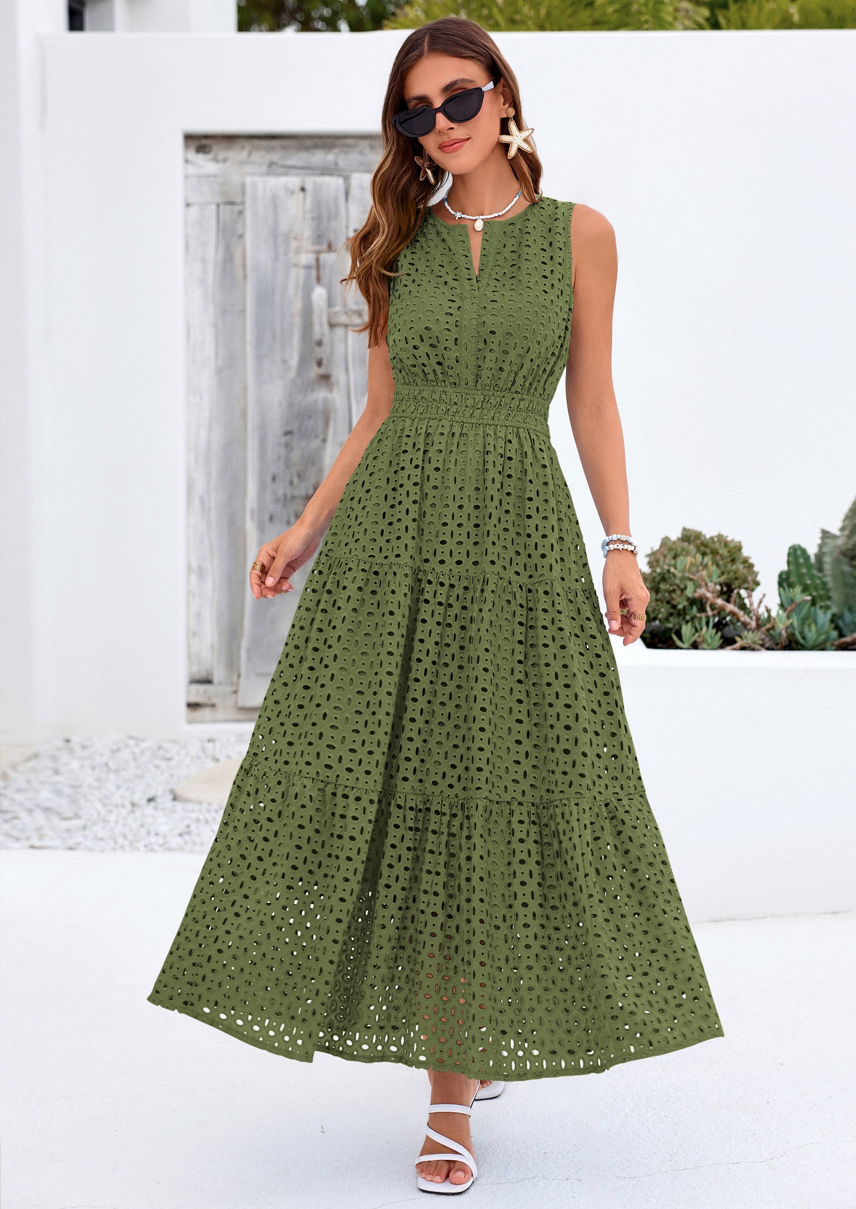 PRETTYGARDEN Summer Dresses for Women Sundresses Sleeveless V Neck Eyelet A Line Flowy Beach Vacation Spring Maxi Dress