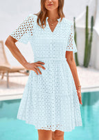PRETTYGARDEN Women's Short Sleeve Mini Dress Summer V Neck Hollow Out Eyelet Ruffle A Line Swing Short Dresses