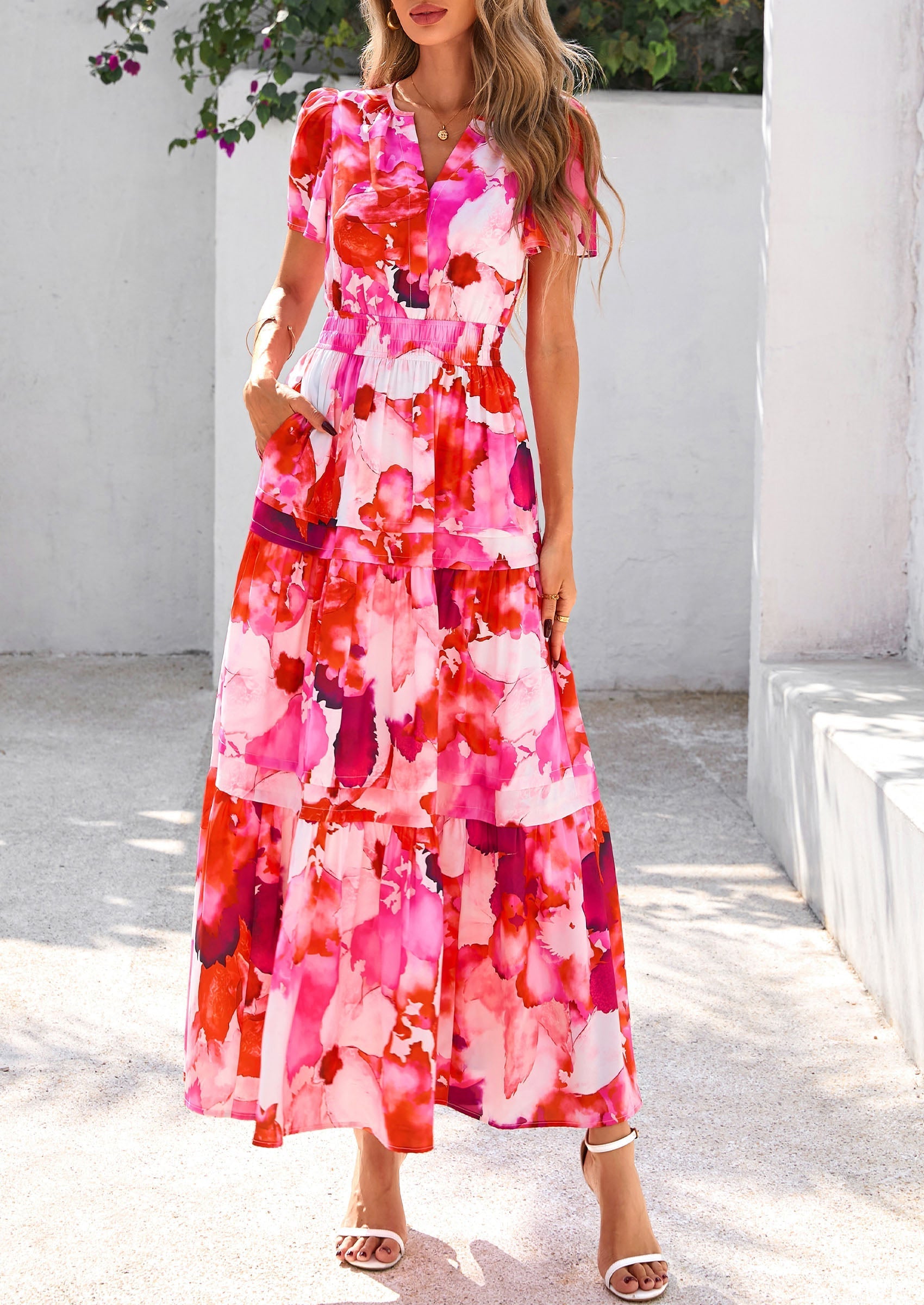 PRETTYGARDEN Women's Boho Maxi Dresses Floral Short Sleeve V Neck A Line Tiered Flowy Long Beach Vacation Dress