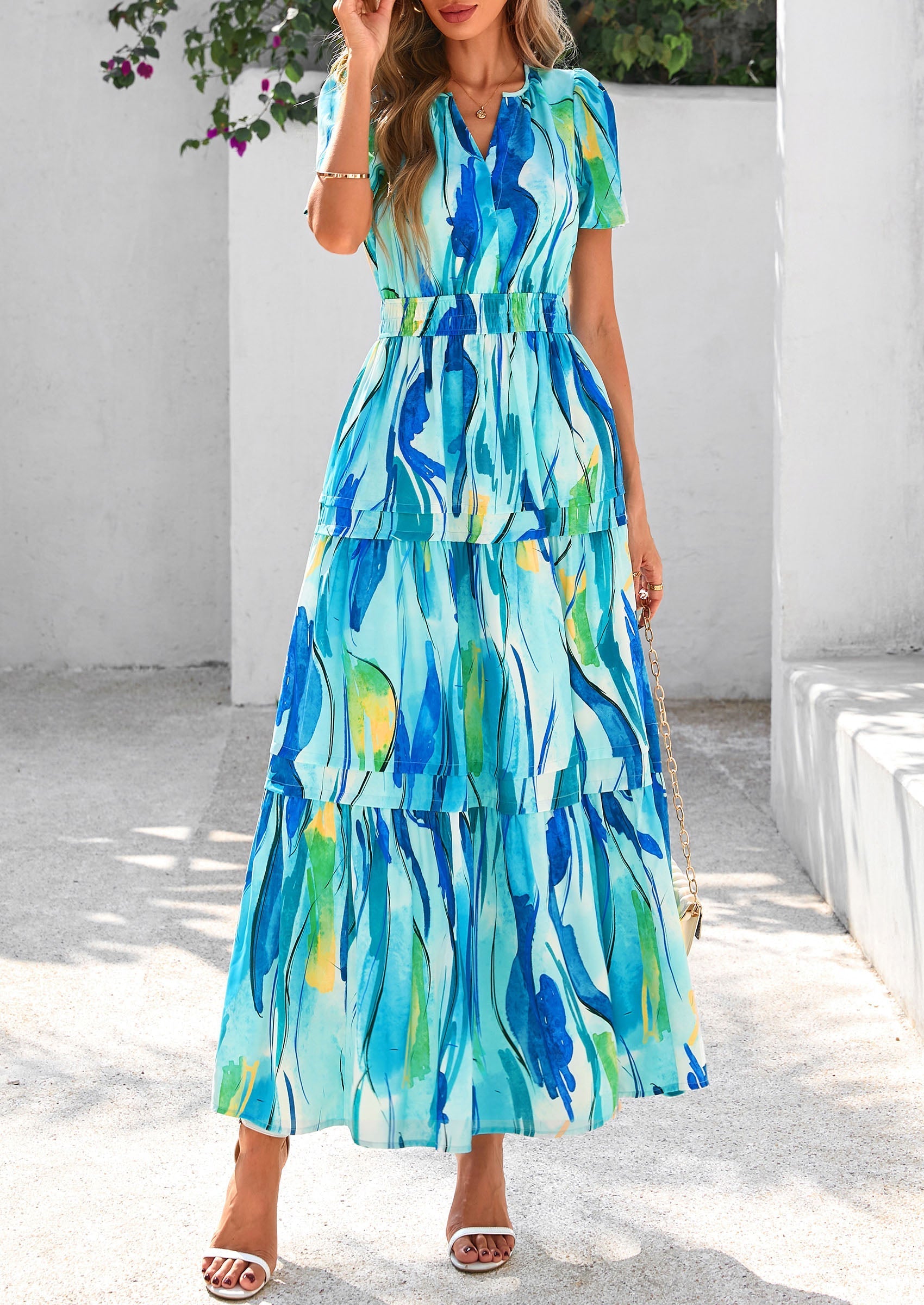 PRETTYGARDEN Women's Boho Maxi Dresses Floral Short Sleeve V Neck A Line Tiered Flowy Long Beach Vacation Dress