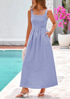 PRETTYGARDEN Women's Summer Spaghetti Strap Maxi Dresses Plaid Square Neck A Line Casual Beach Vacation Long Sundress