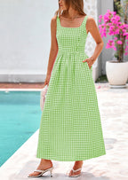 PRETTYGARDEN Women's Summer Spaghetti Strap Maxi Dresses Plaid Square Neck A Line Casual Beach Vacation Long Sundress