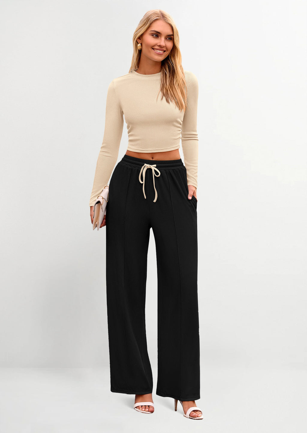 PRETTYGARDEN Women's 2 Piece Loungewear Long Sleeve Crop Top Wide Leg Palazzo Pants Set Tracksuits Casual Outfit
