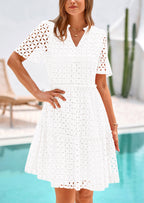 PRETTYGARDEN Women's Short Sleeve Mini Dress Summer V Neck Hollow Out Eyelet Ruffle A Line Swing Short Dresses