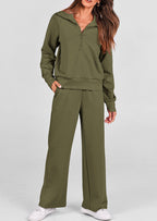 PRETTYGARDEN Women's 2 Piece Outfits Casual Lapel Half Zip Sweatshirts And Wide Leg Pants Tracksuit Sets