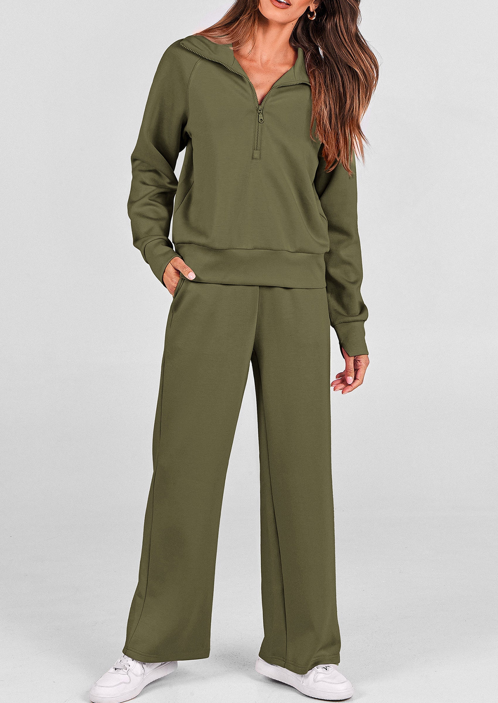 PRETTYGARDEN Women's 2 Piece Outfits Casual Lapel Half Zip Sweatshirts And Wide Leg Pants Tracksuit Sets