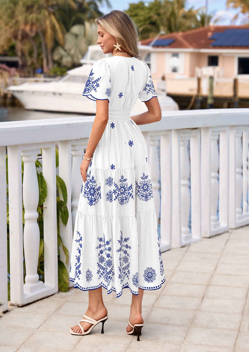 PRETTYGARDEN Boho Dresses for Women Summer Spring Casual Floral Short Sleeve V Neck Maxi Elastic Waist Dress Pockets