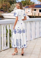 PRETTYGARDEN Boho Dresses for Women Summer Spring Casual Floral Short Sleeve V Neck Maxi Elastic Waist Dress Pockets