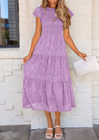 PRETTYGARDEN Midi Dress for Women Summer Floral Cap Sleeve Smocked Ruffle A Line Long Flowy Wedding Guest Dresses