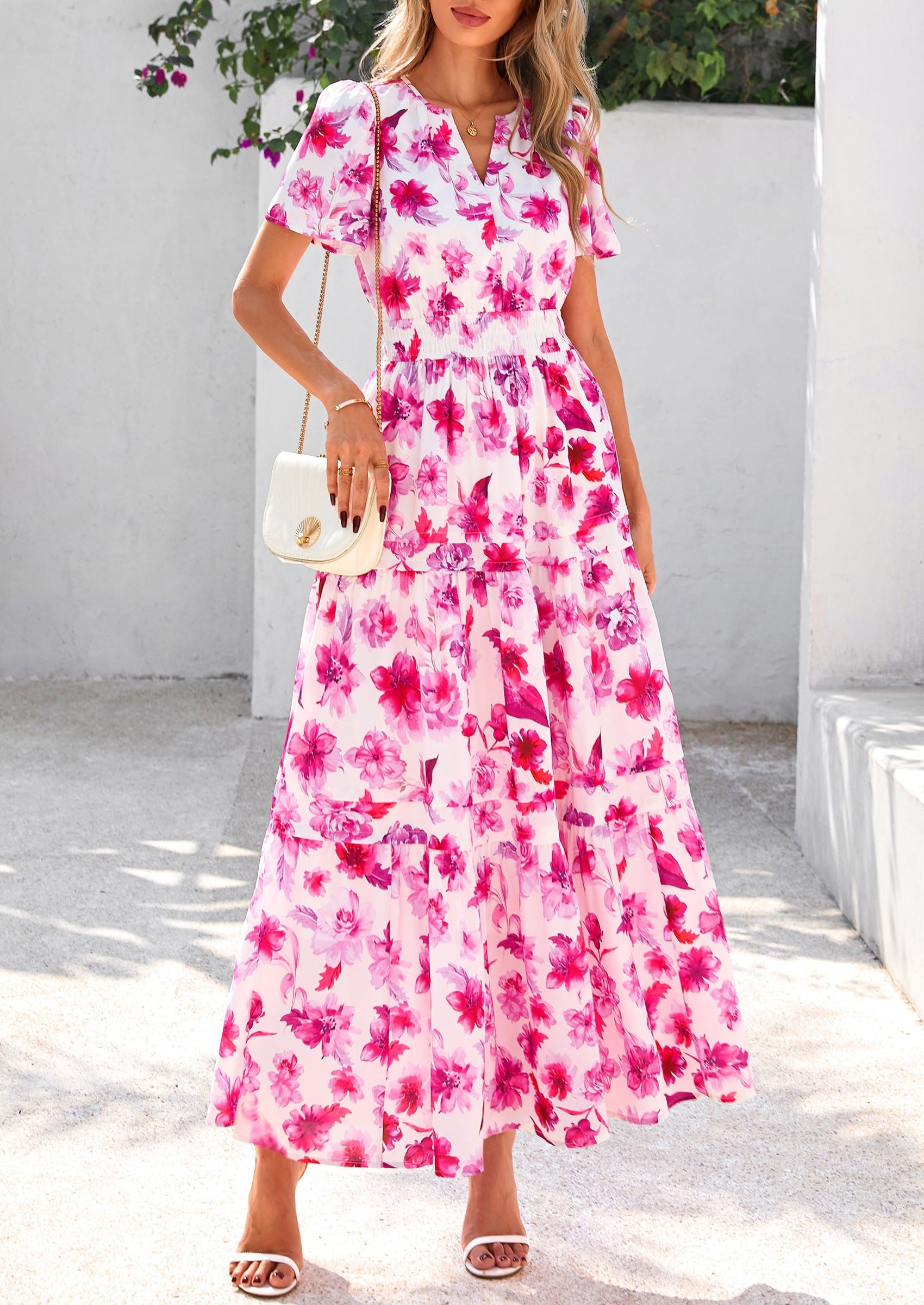 PRETTYGARDEN Women's Boho Maxi Dresses Floral Short Sleeve V Neck A Line Tiered Flowy Long Beach Vacation Dress