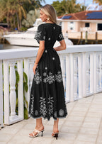 PRETTYGARDEN Boho Dresses for Women Summer Spring Casual Floral Short Sleeve V Neck Maxi Elastic Waist Dress Pockets