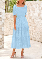 PRETTYGARDEN Women's Casual Midi Dresses Square Neck Short Sleeve Smocked A Line Floral Flowy Elegant Boho Dress