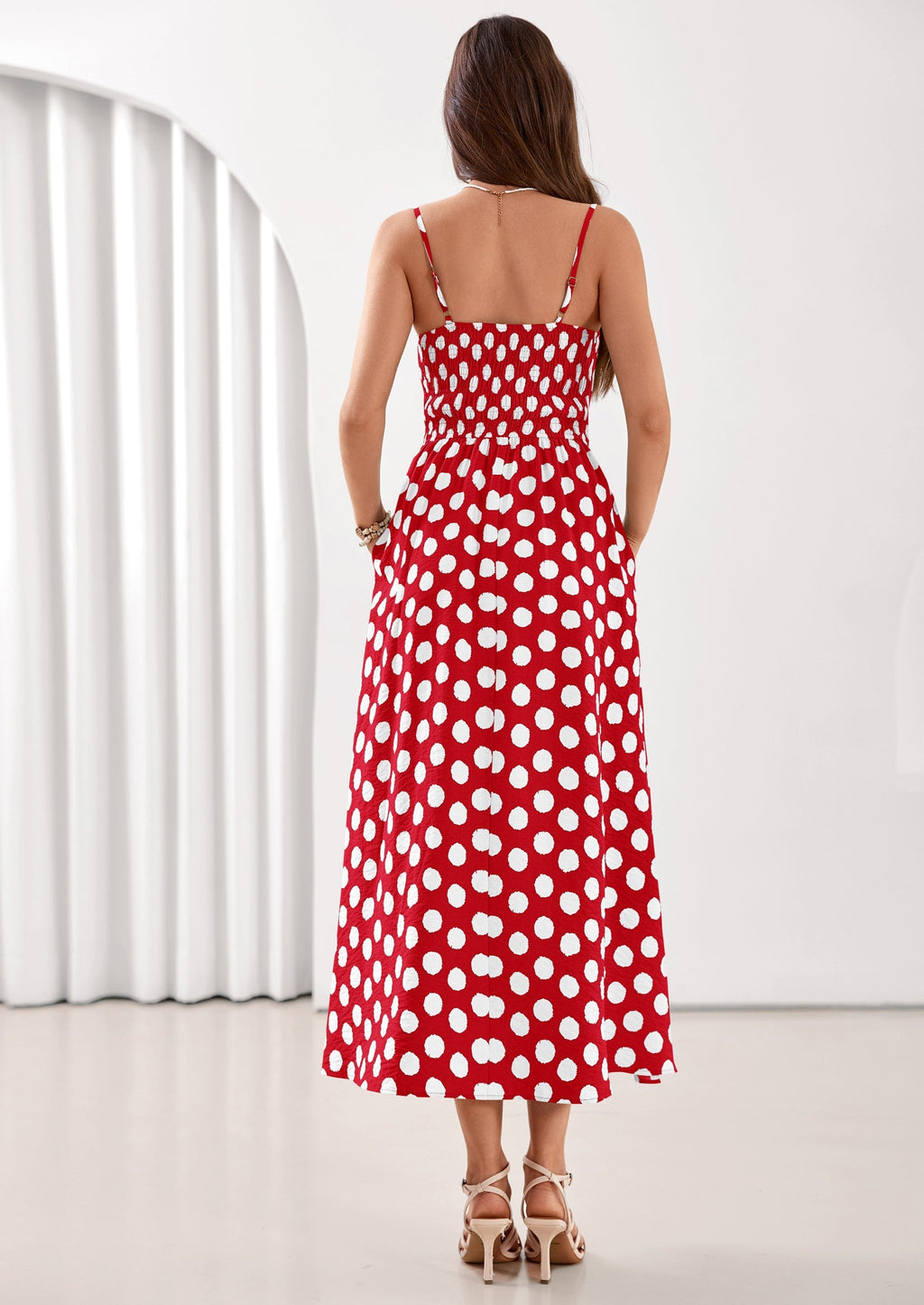 PRETTYGARDEN Womens Summer Dresses Spring Sleeveless Spaghetti Straps Casual Midi Dress Polka Dot Smocked Beach Sundress