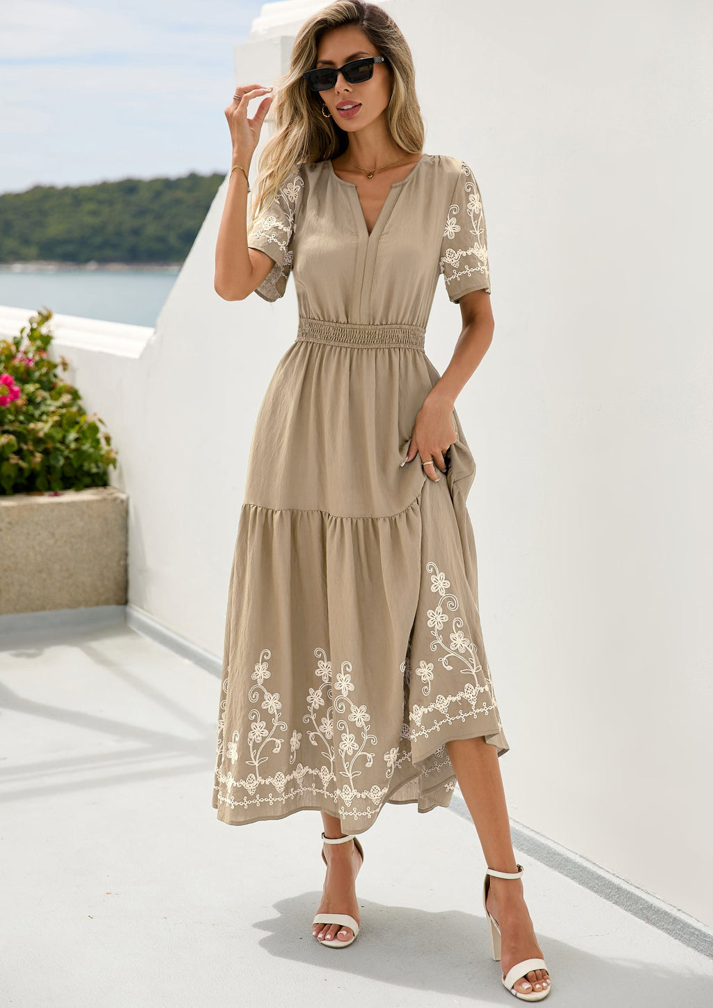 PRETTYGARDEN Women's Summer Boho Maxi Dress Spring Floral Short Sleeve V Neck A Line Flowy Beach Wedding Guest Dresses