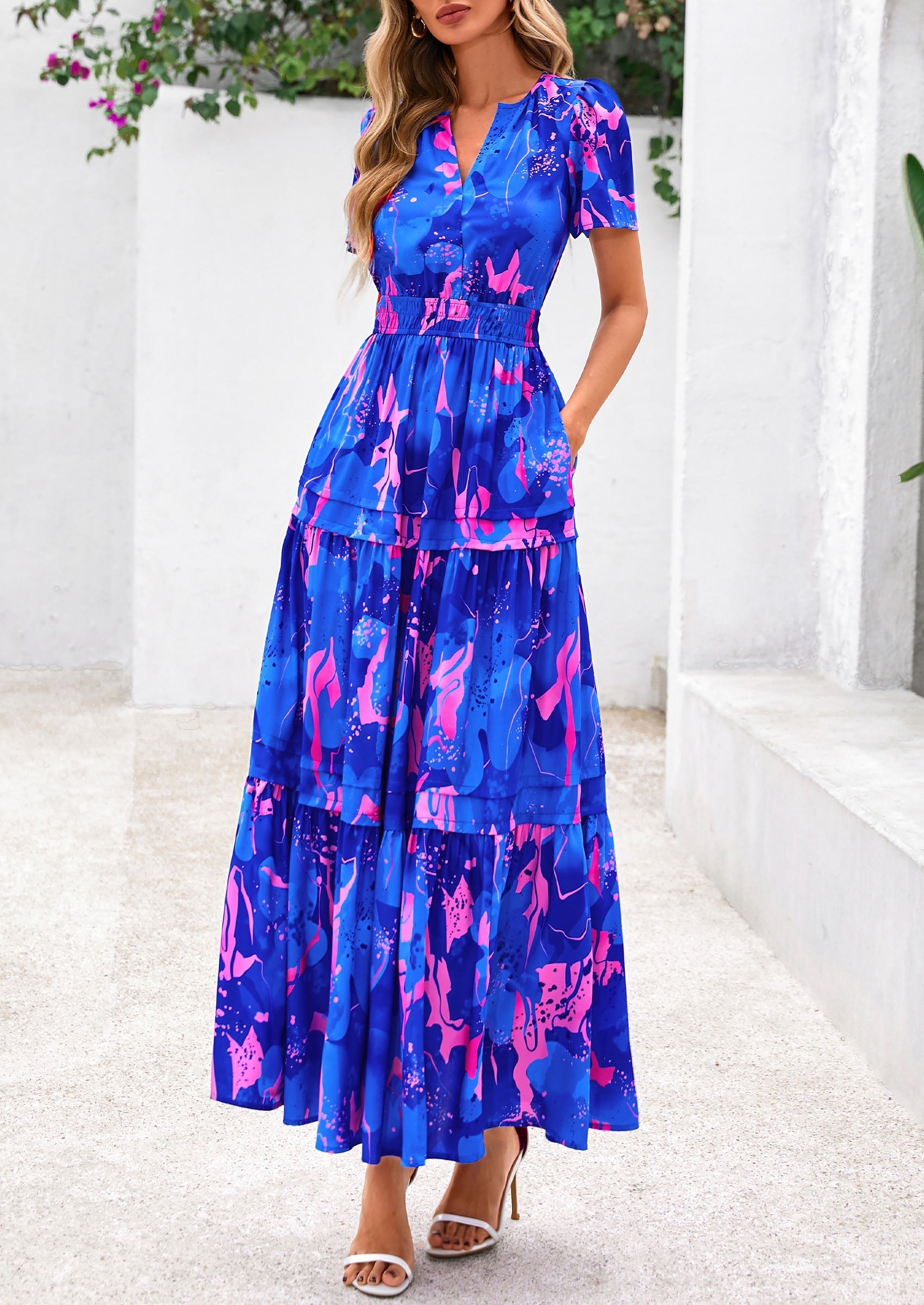 PRETTYGARDEN Women's Boho Maxi Dresses Floral Short Sleeve V Neck A Line Tiered Flowy Long Beach Vacation Dress