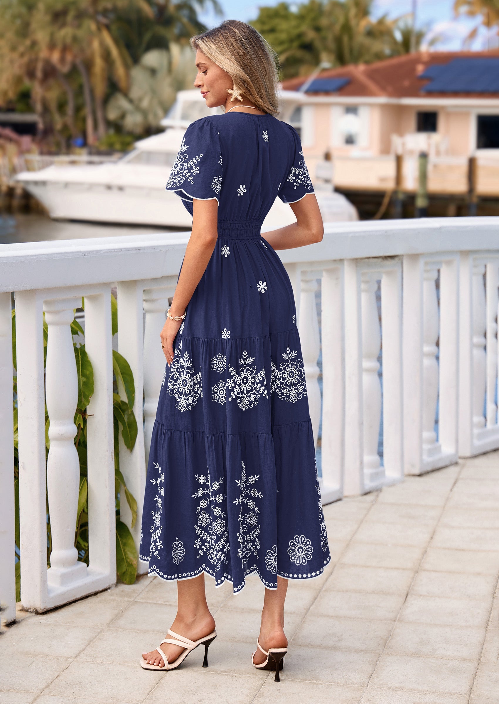 PRETTYGARDEN Boho Dresses for Women Summer Spring Casual Floral Short Sleeve V Neck Maxi Elastic Waist Dress Pockets