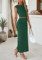 PRETTYGARDEN Summer 2 Piece Sets for Women Going Out Casual Cap Sleeve Crop Tops Ruched Maxi Long Skirts Spring Outfits