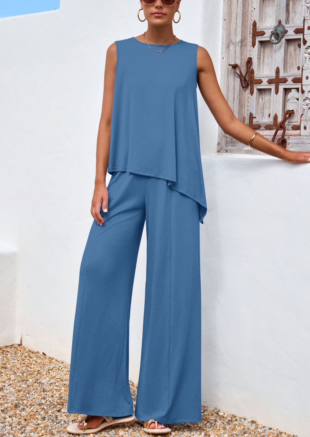 PRETTYGARDEN Women's Two Piece Matching Lounge Sets Asymmetrical Split Tank Tops Wide Leg Pants Summer Outfits Tracksuit