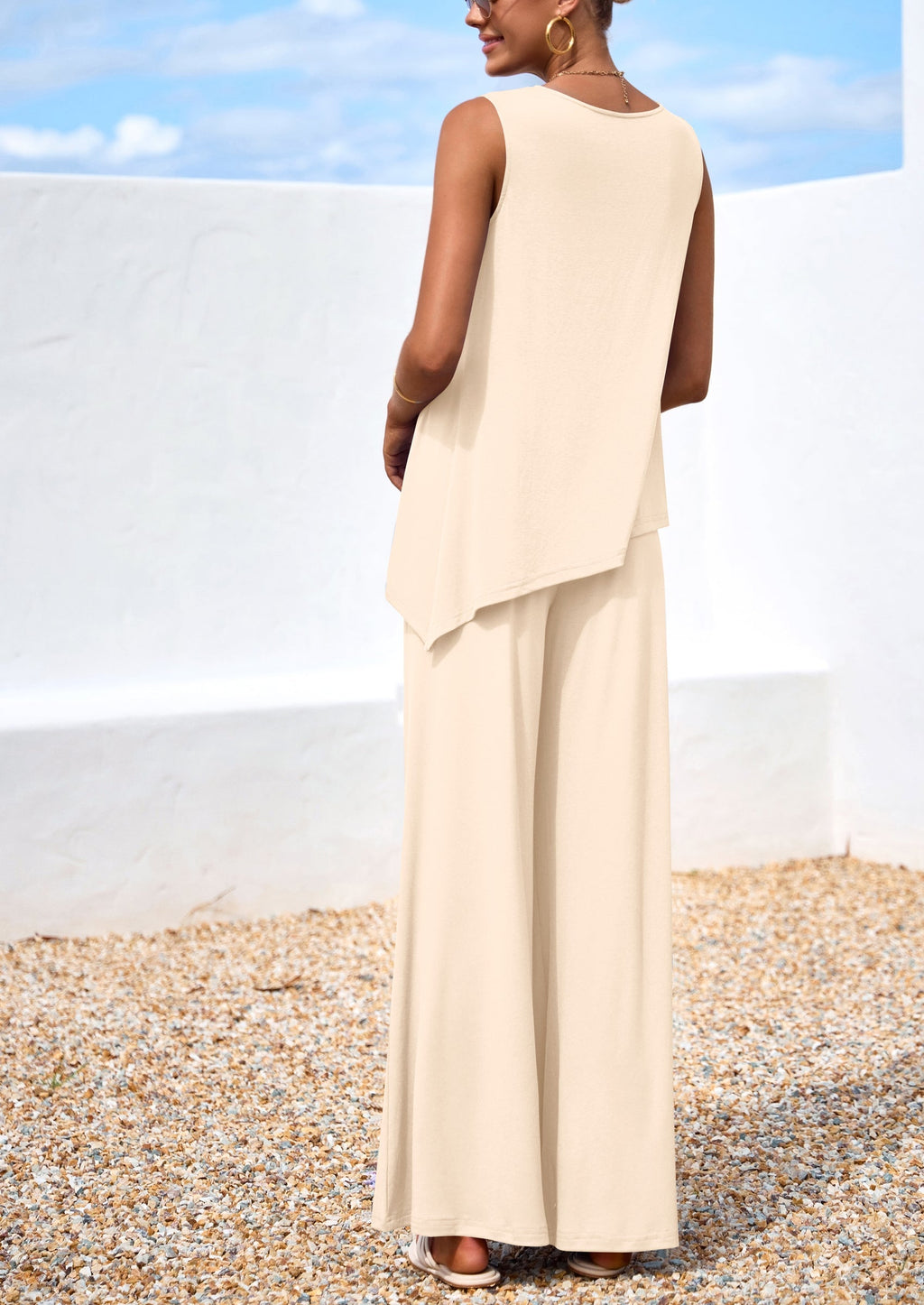 PRETTYGARDEN Women's Two Piece Matching Lounge Sets Asymmetrical Split Tank Tops Wide Leg Pants Summer Outfits Tracksuit