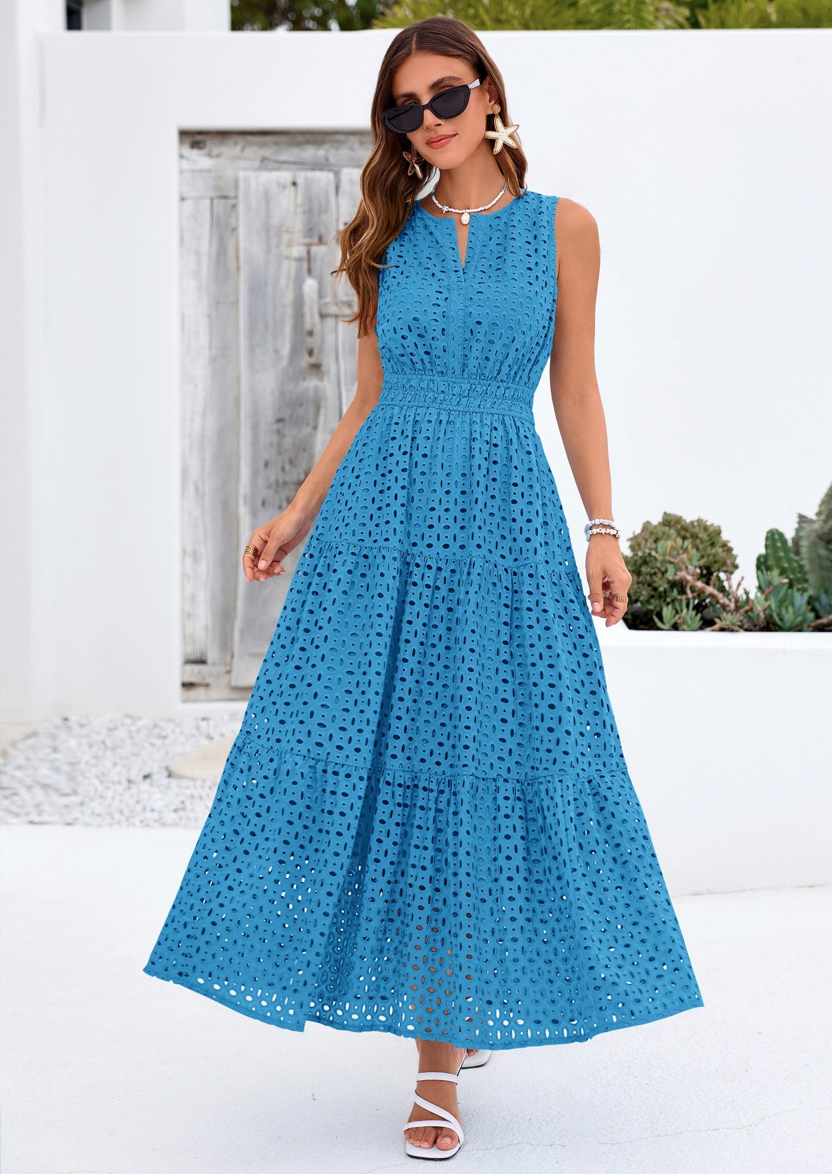 PRETTYGARDEN Summer Dresses for Women Sundresses Sleeveless V Neck Eyelet A Line Flowy Beach Vacation Spring Maxi Dress