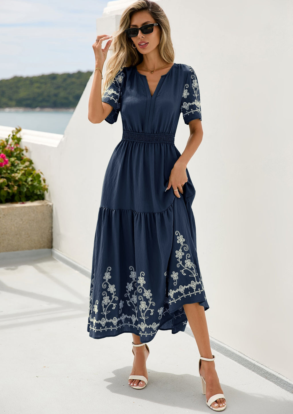 PRETTYGARDEN Women's Summer Boho Maxi Dress Spring Floral Short Sleeve V Neck A Line Flowy Beach Wedding Guest Dresses