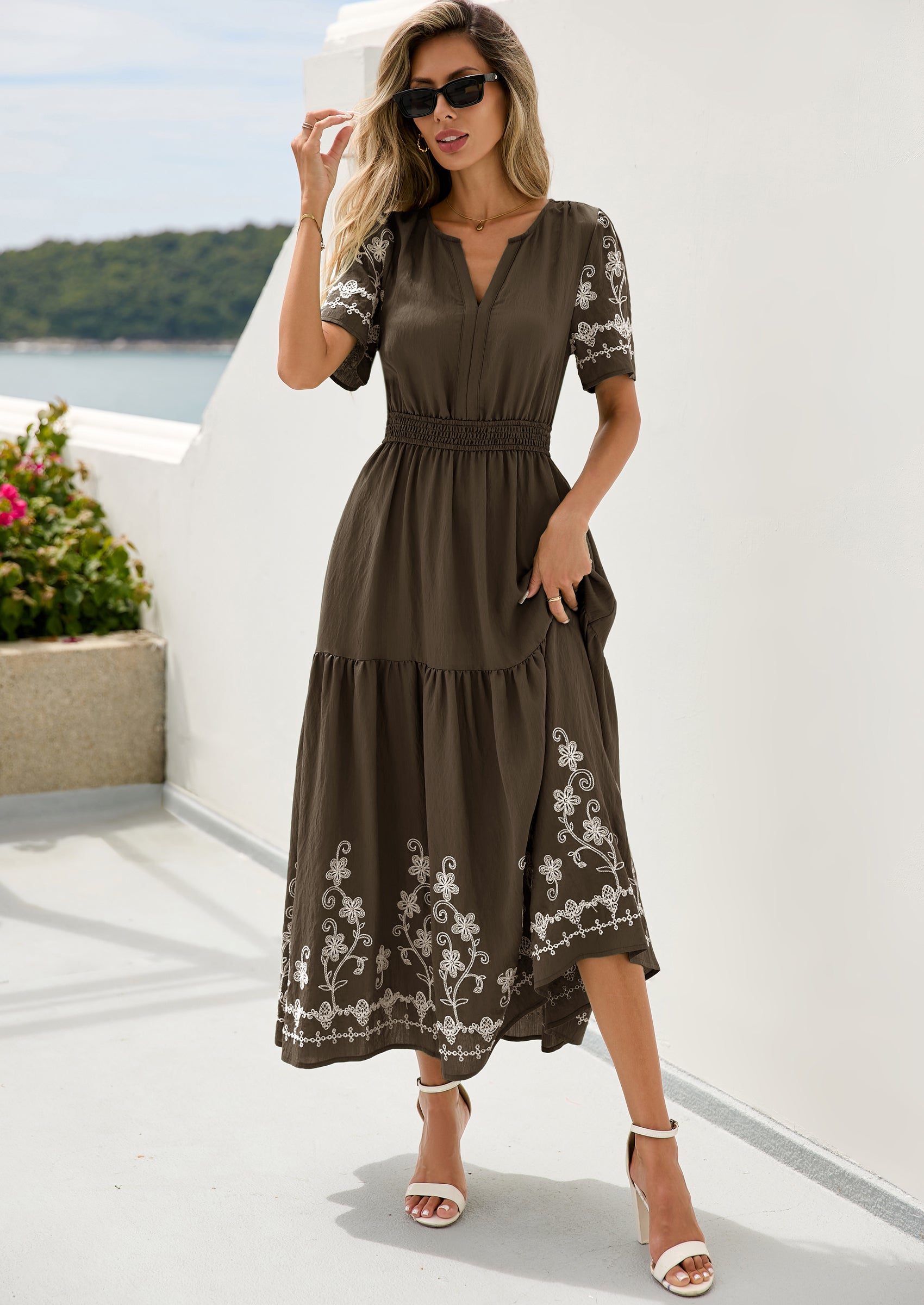 PRETTYGARDEN Women's Summer Boho Maxi Dress Spring Floral Short Sleeve V Neck A Line Flowy Beach Wedding Guest Dresses
