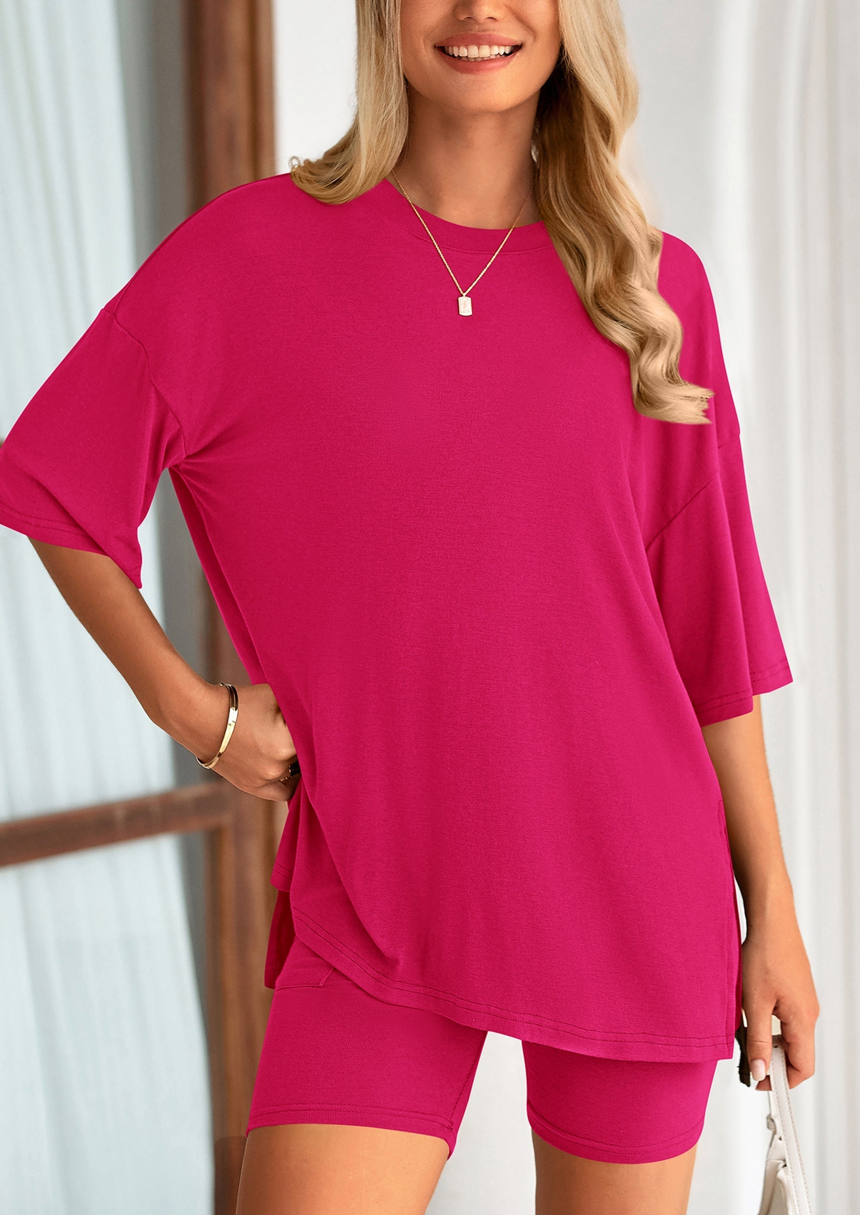 PRETTYGARDEN Women's Two Piece Lounge Set Summer Casual Oversized Shirts Biker Shorts Matching Airport Travel Outfit