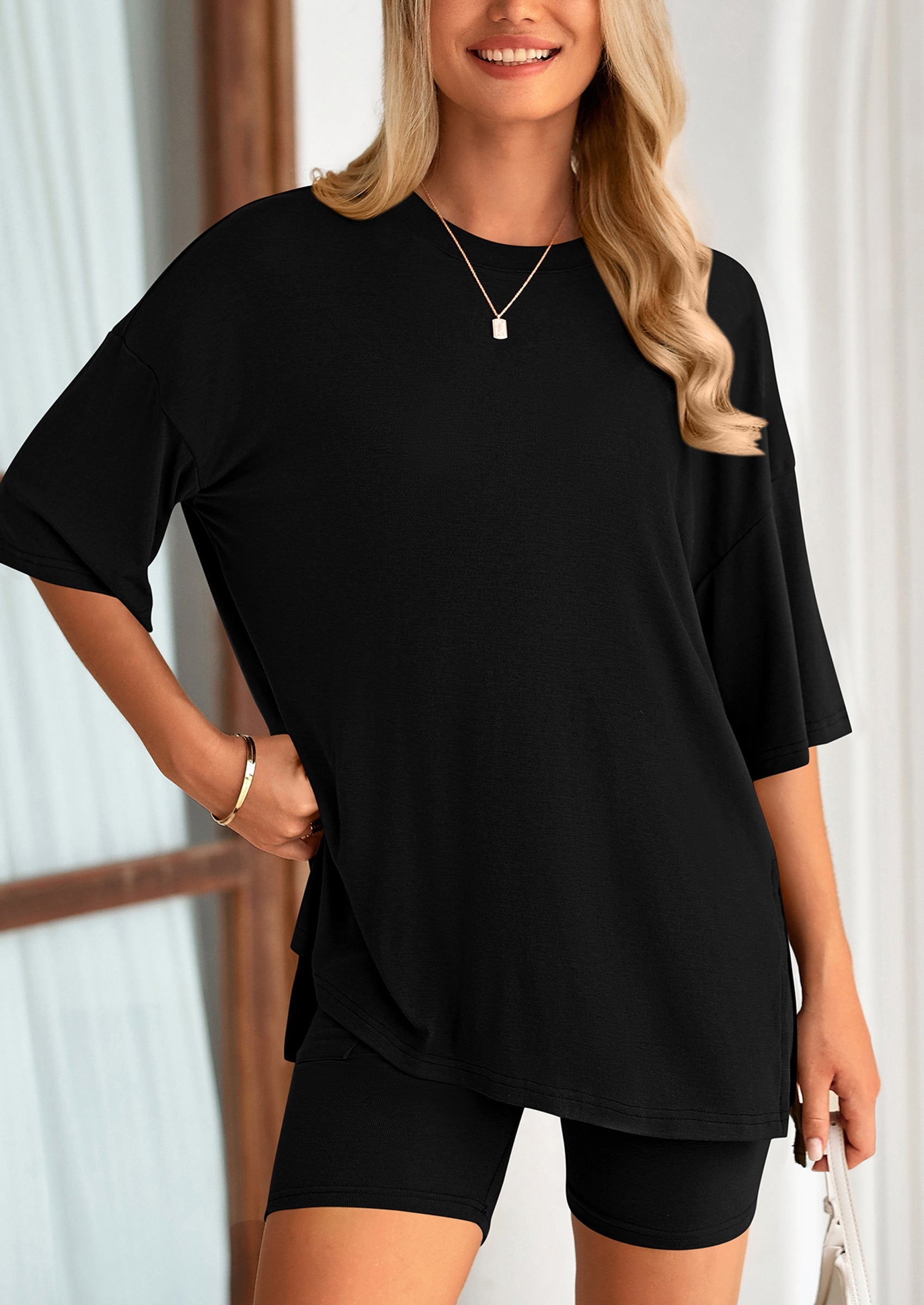 PRETTYGARDEN Women's Two Piece Lounge Set Summer Casual Oversized Shirts Biker Shorts Matching Airport Travel Outfit