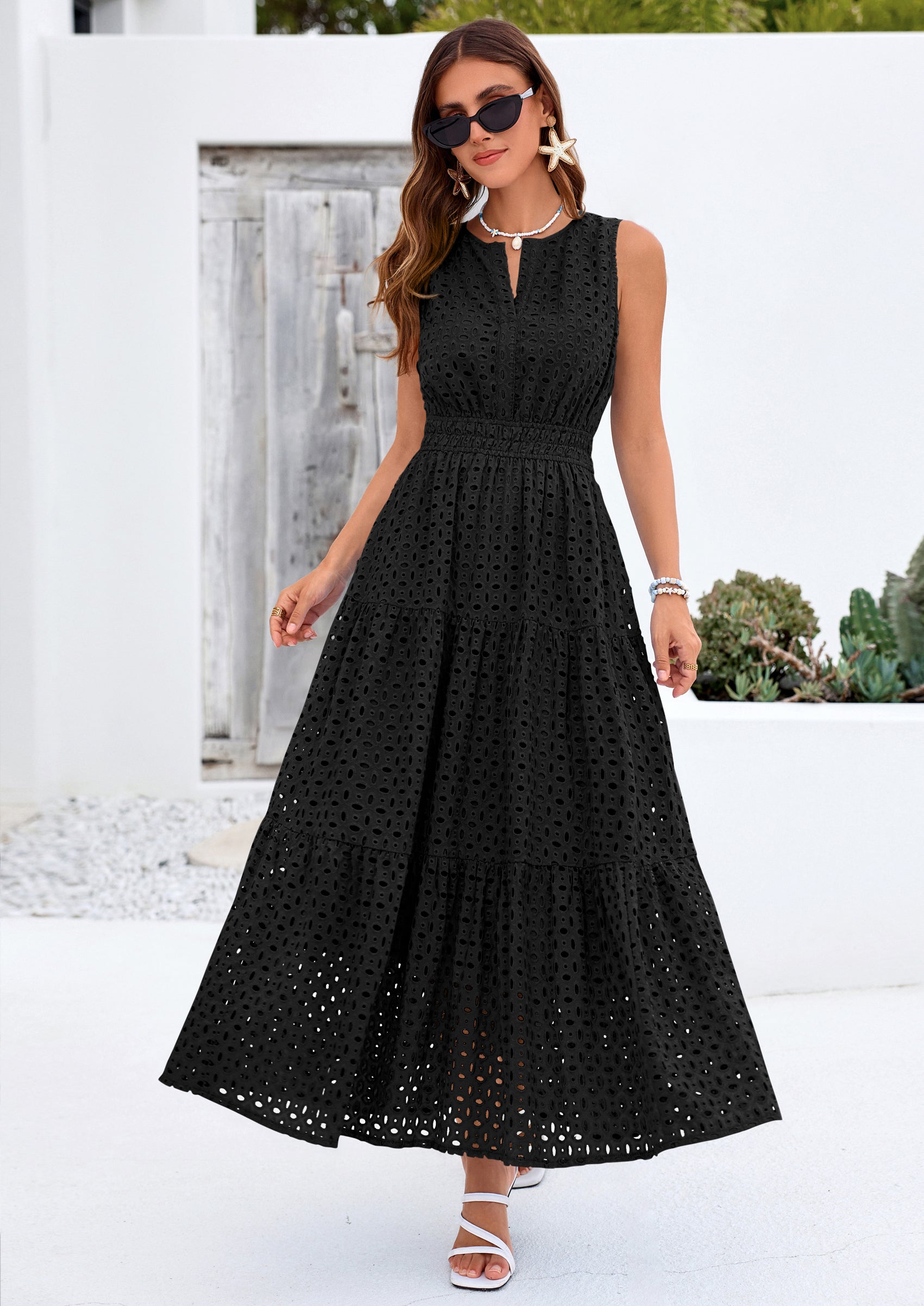 PRETTYGARDEN Summer Dresses for Women Sundresses Sleeveless V Neck Eyelet A Line Flowy Beach Vacation Spring Maxi Dress