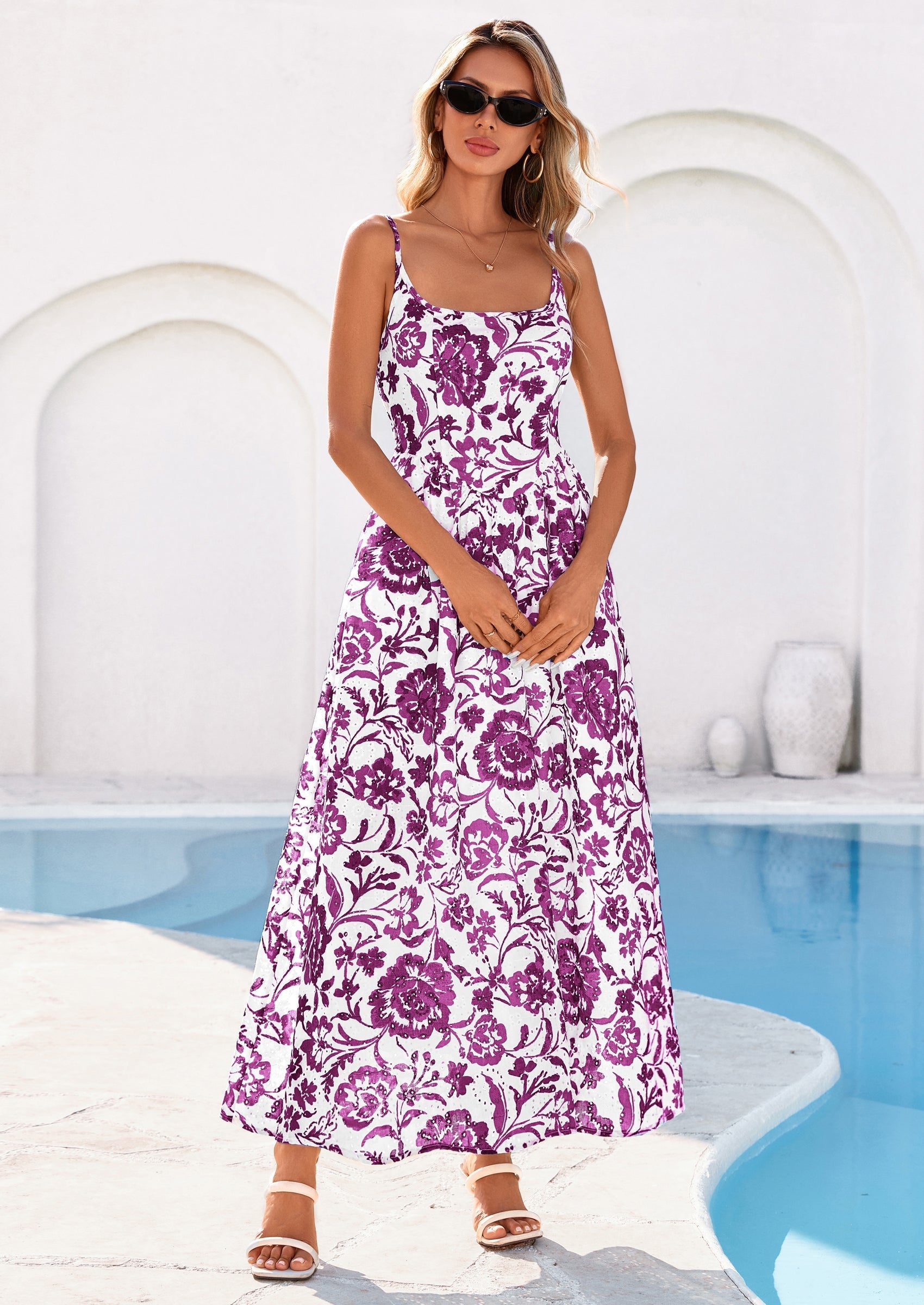 PRETTYGARDEN Womens Spring Boho Maxi Dress Eyelet Floral Long Flowy Sundresses Summer Beach Vacation Clothes