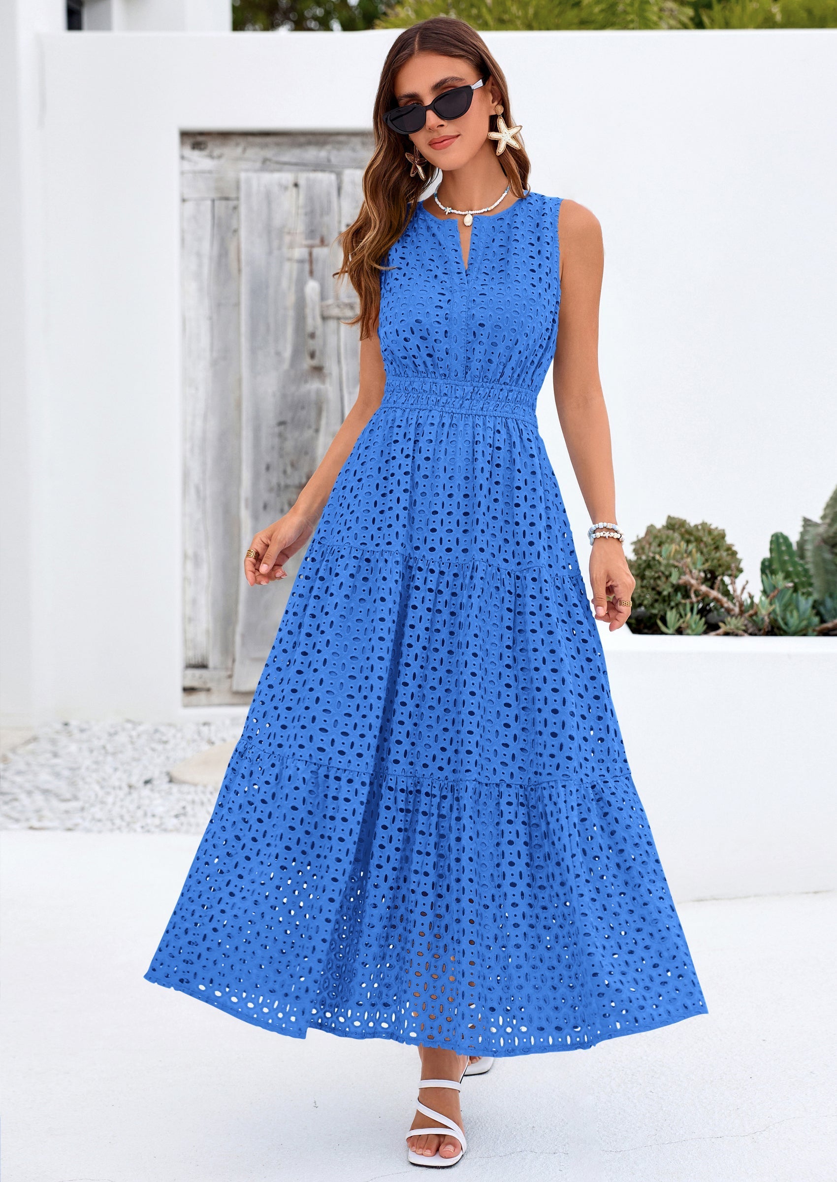 PRETTYGARDEN Summer Dresses for Women Sundresses Sleeveless V Neck Eyelet A Line Flowy Beach Vacation Spring Maxi Dress
