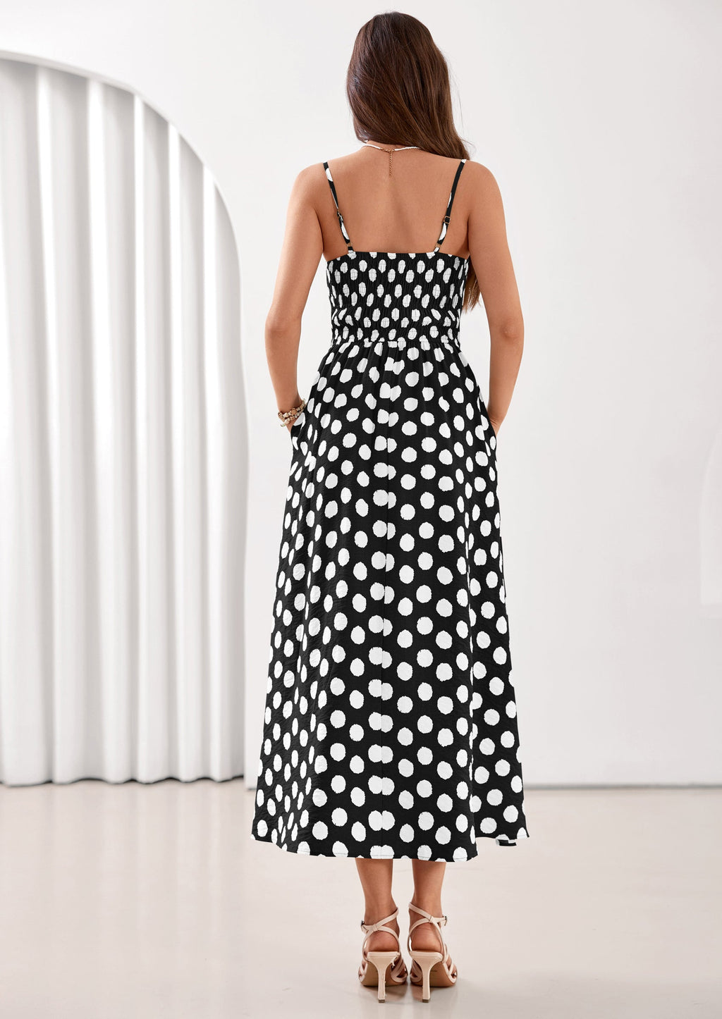 PRETTYGARDEN Womens Summer Dresses Spring Sleeveless Spaghetti Straps Casual Midi Dress Polka Dot Smocked Beach Sundress