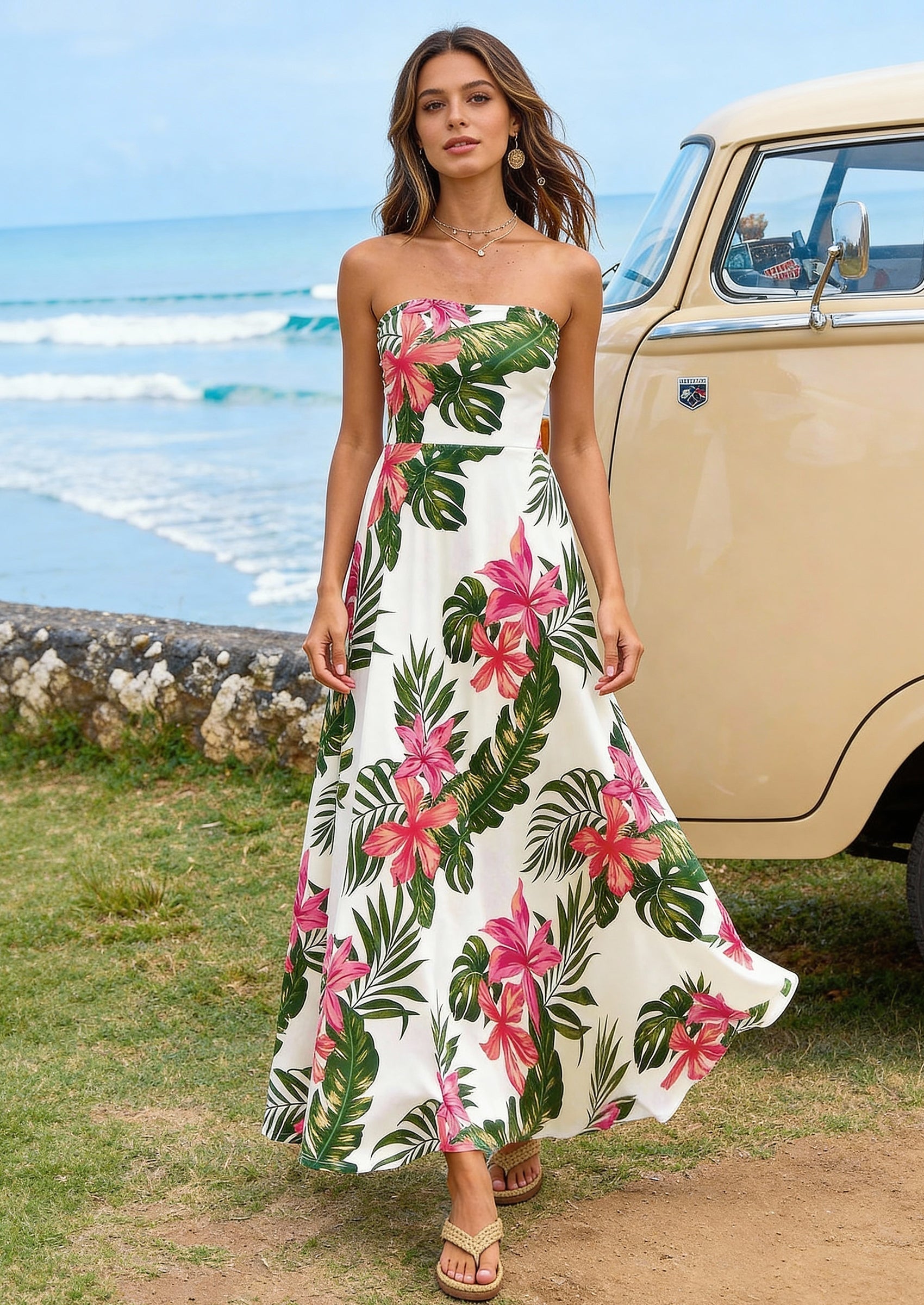 PRETTYGARDEN Sleeveless Floral Summer Maxi Dresses for Women Tube Top Flowy Long Dress Tropical Beach Vacation Clothes