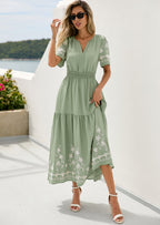 PRETTYGARDEN Women's Summer Boho Maxi Dress Spring Floral Short Sleeve V Neck A Line Flowy Beach Wedding Guest Dresses