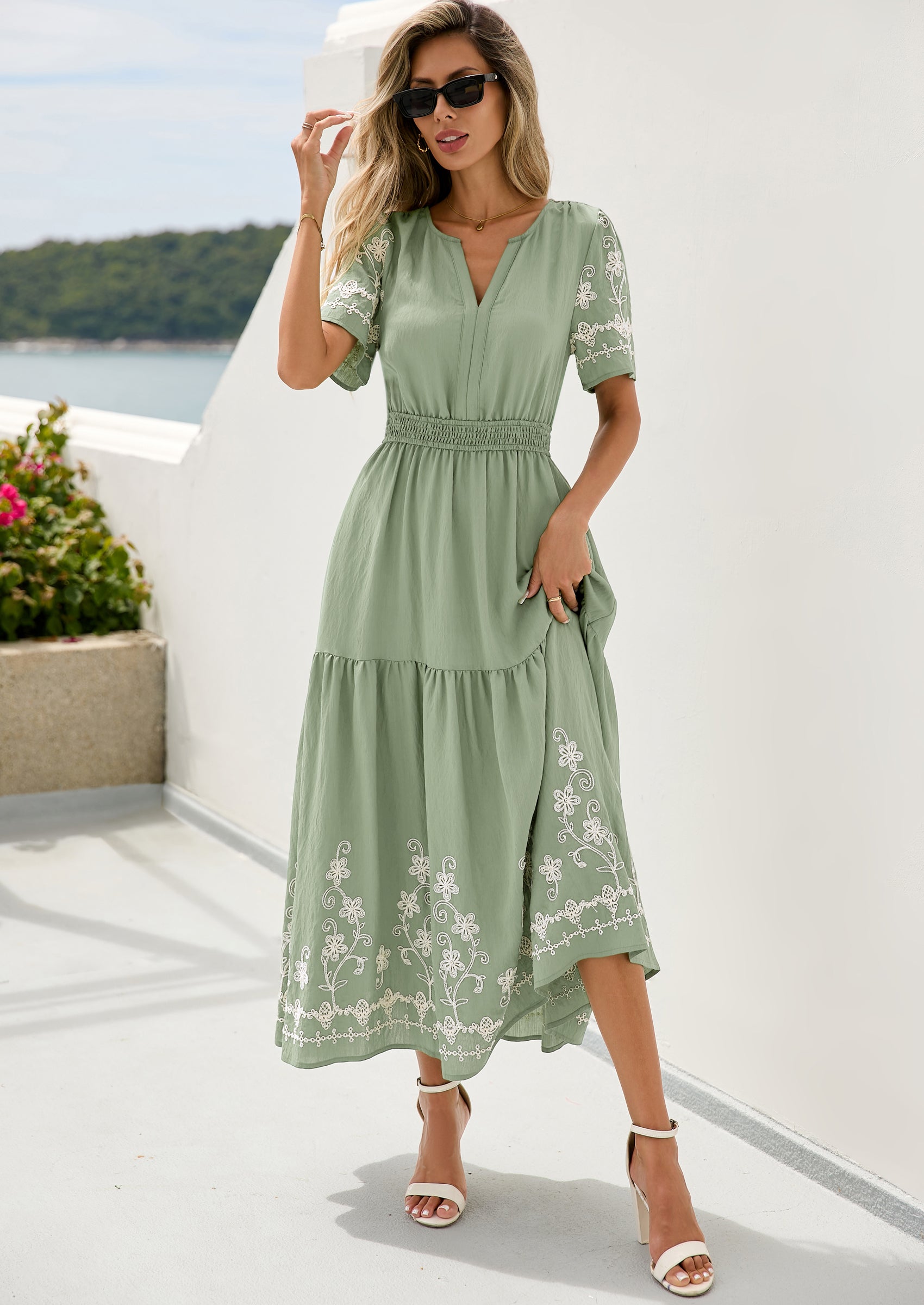PRETTYGARDEN Women's Summer Boho Maxi Dress Spring Floral Short Sleeve V Neck A Line Flowy Beach Wedding Guest Dresses