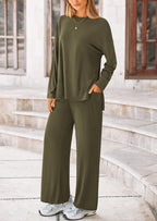 PRETTYGARDEN Women's Two Piece Lounge Sets Matching Long Sleeve Shirts Wide Leg Pants Tracksuits Travel Outfits Fall Clothes