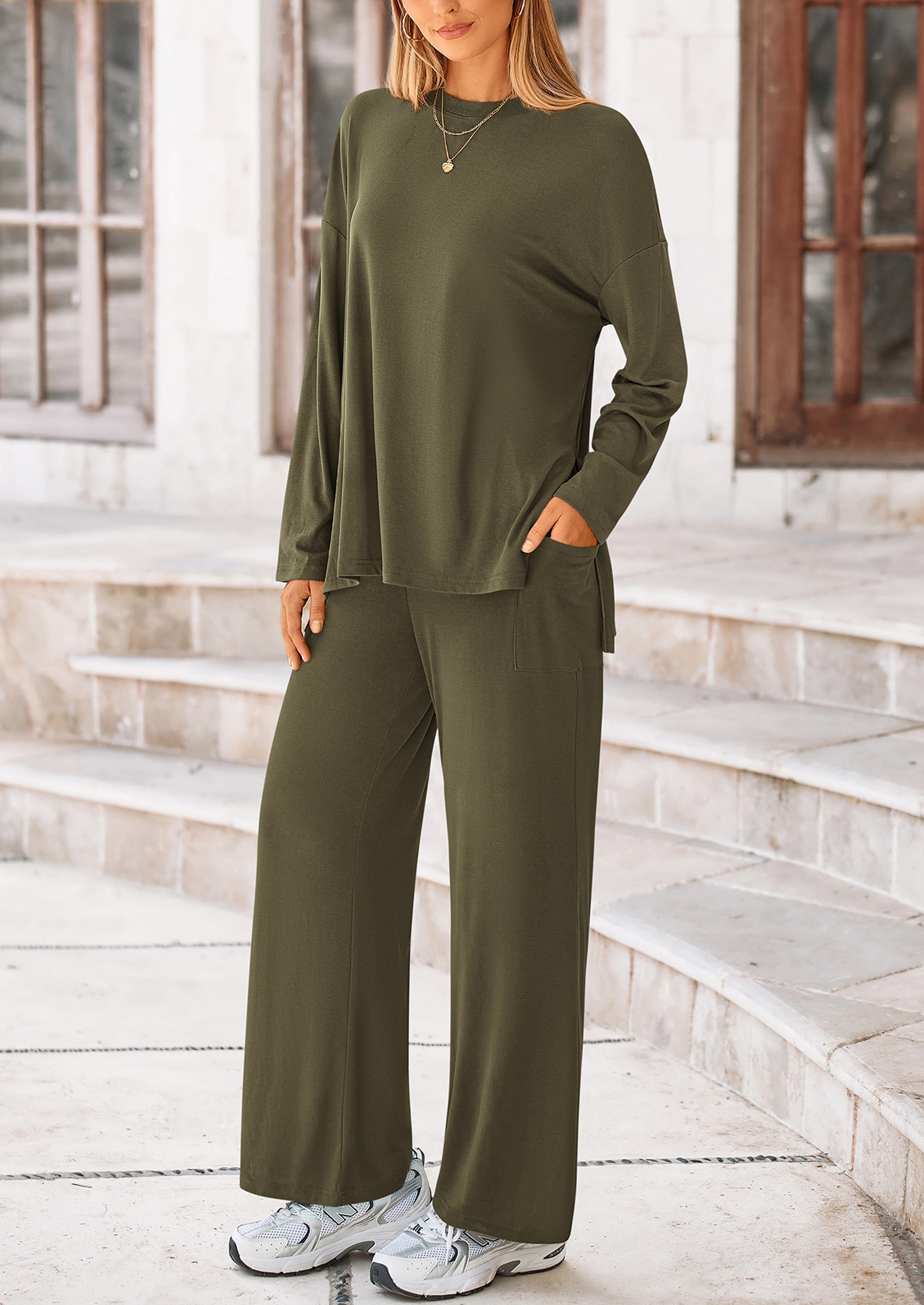 PRETTYGARDEN Women's Two Piece Lounge Sets Matching Long Sleeve Shirts Wide Leg Pants Tracksuits Travel Outfits Fall Clothes