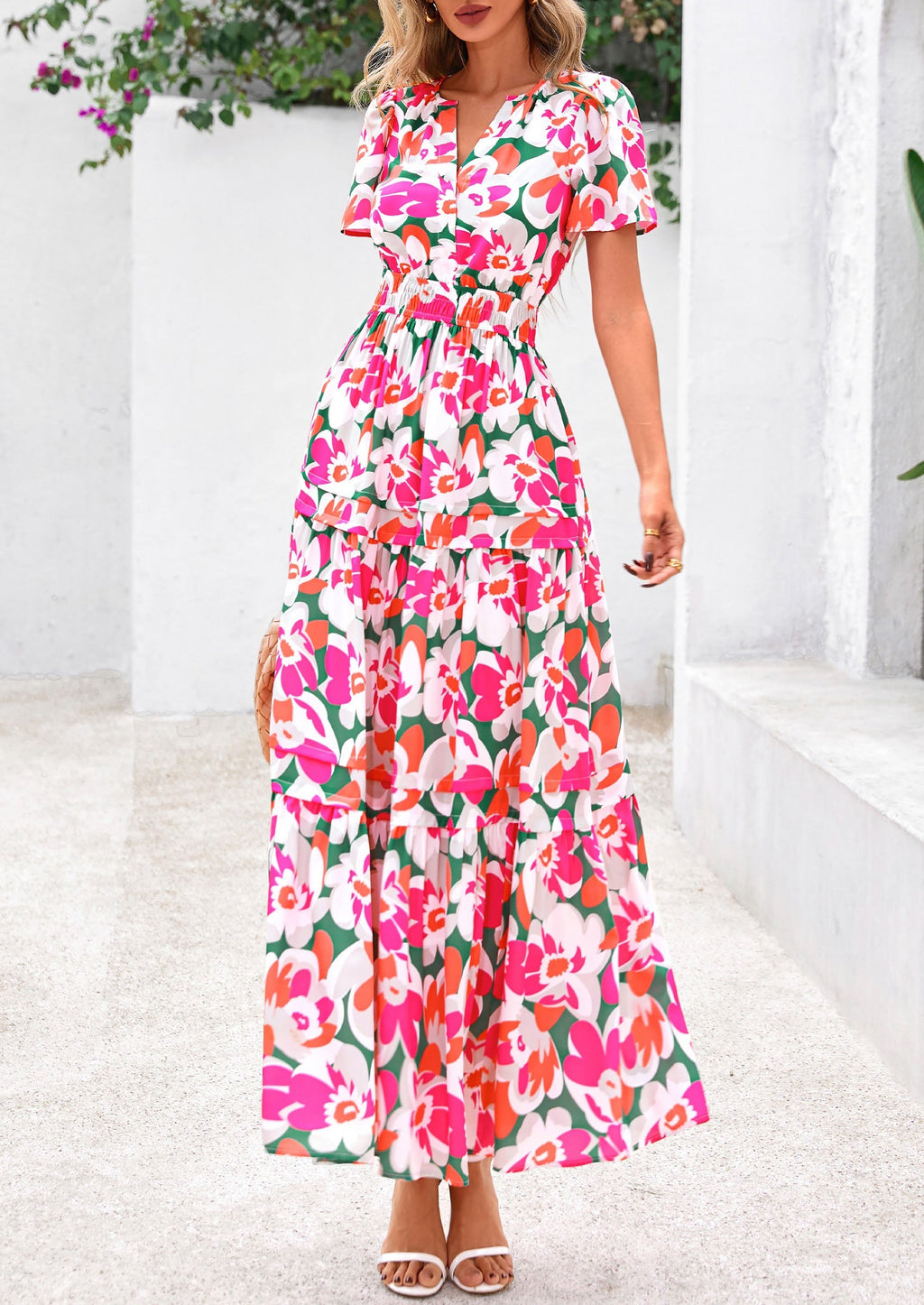 PRETTYGARDEN Women's Boho Maxi Dresses Floral Short Sleeve V Neck A Line Tiered Flowy Long Beach Vacation Dress