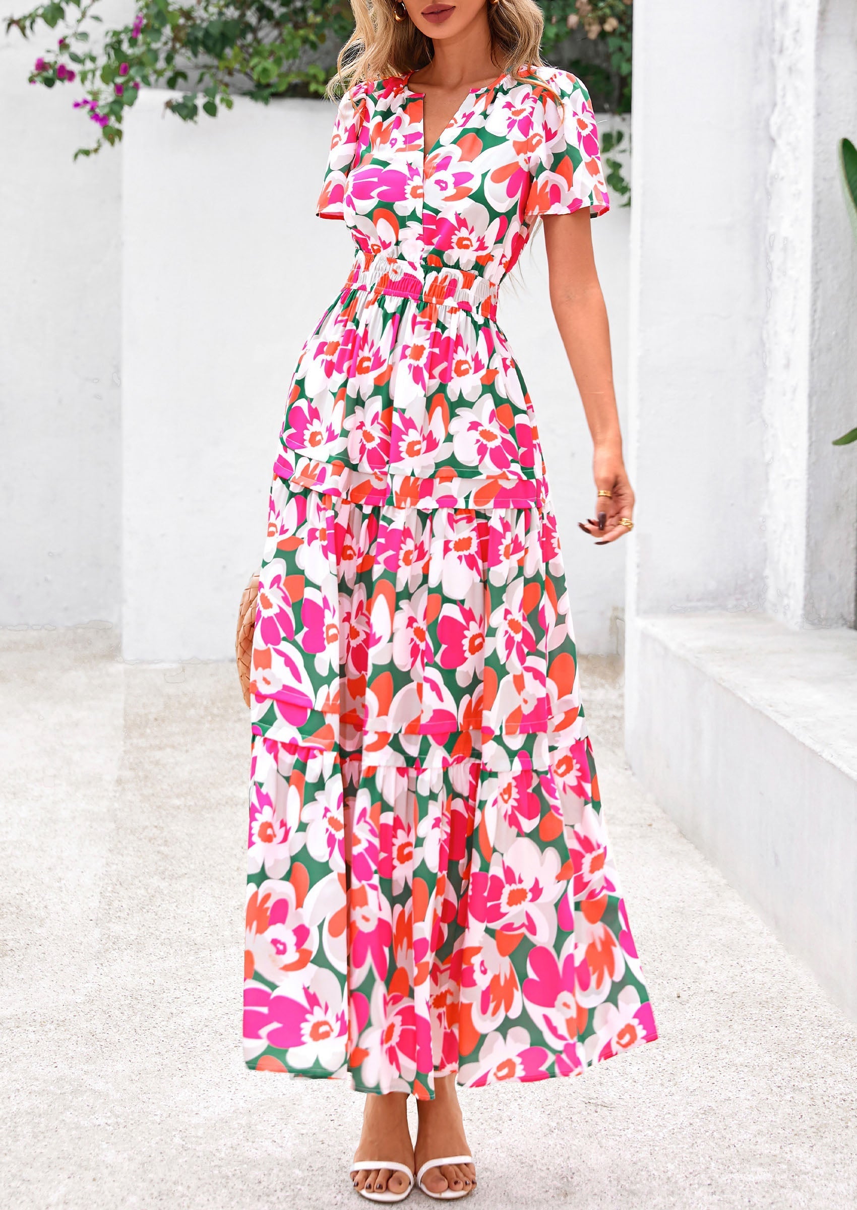 PRETTYGARDEN Women's Boho Maxi Dresses Floral Short Sleeve V Neck A Line Tiered Flowy Long Beach Vacation Dress