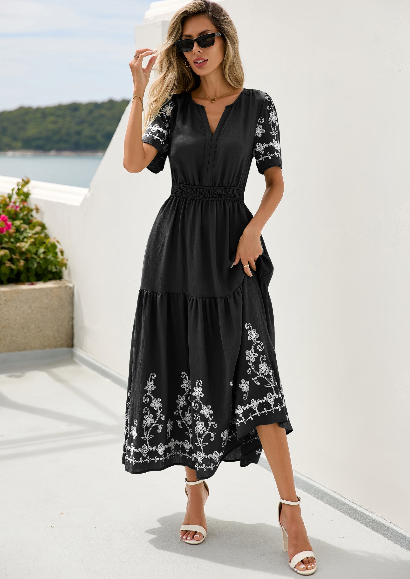 PRETTYGARDEN Women's Summer Boho Maxi Dress Spring Floral Short Sleeve V Neck A Line Flowy Beach Wedding Guest Dresses
