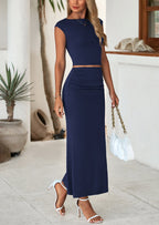 PRETTYGARDEN Summer 2 Piece Sets for Women Going Out Casual Cap Sleeve Crop Tops Ruched Maxi Long Skirts Spring Outfits