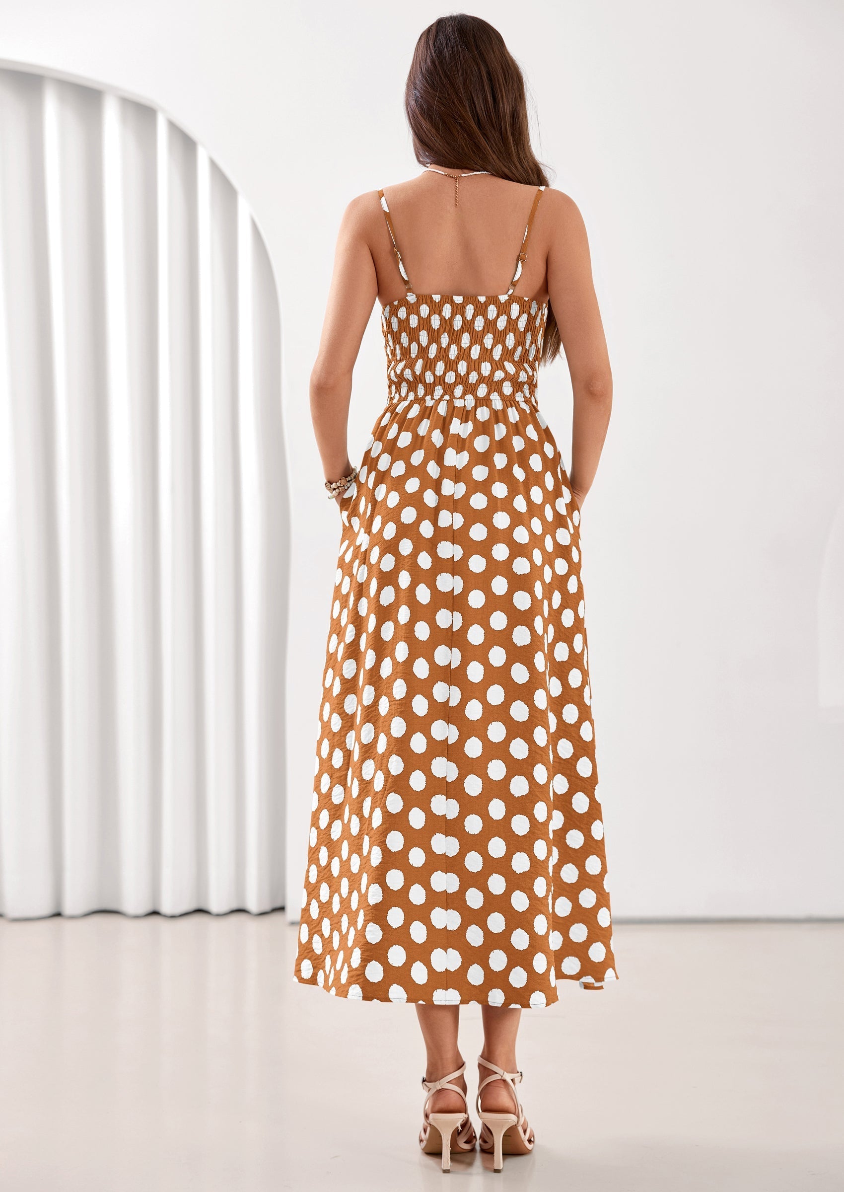 PRETTYGARDEN Womens Summer Dresses Spring Sleeveless Spaghetti Straps Casual Midi Dress Polka Dot Smocked Beach Sundress
