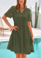 PRETTYGARDEN Women's Short Sleeve Mini Dress Summer V Neck Hollow Out Eyelet Ruffle A Line Swing Short Dresses