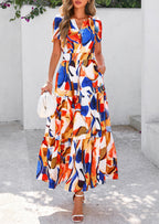 PRETTYGARDEN Women's Boho Maxi Dresses Floral Short Sleeve V Neck A Line Tiered Flowy Long Beach Vacation Dress