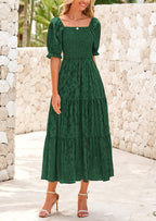 PRETTYGARDEN Women's Casual Midi Dresses Square Neck Short Sleeve Smocked A Line Floral Flowy Elegant Boho Dress