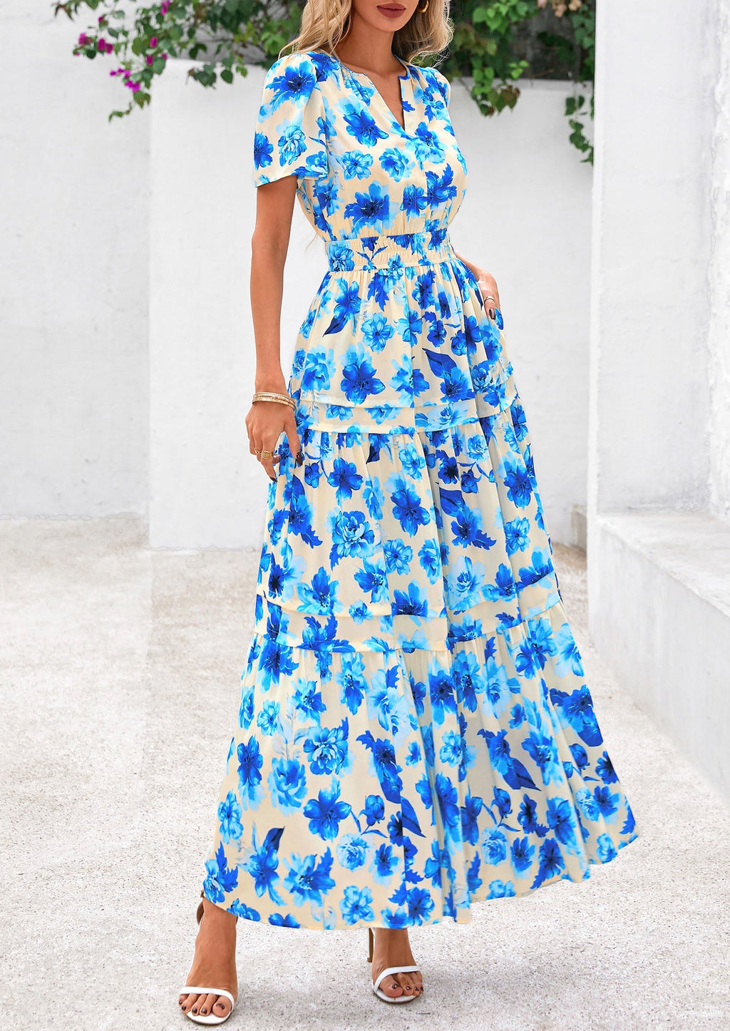 PRETTYGARDEN Women's Boho Maxi Dresses Floral Short Sleeve V Neck A Line Tiered Flowy Long Beach Vacation Dress