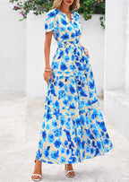 PRETTYGARDEN Women's Boho Maxi Dresses Floral Short Sleeve V Neck A Line Tiered Flowy Long Beach Vacation Dress