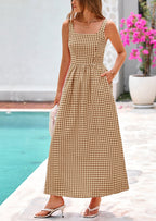 PRETTYGARDEN Women's Summer Spaghetti Strap Maxi Dresses Plaid Square Neck A Line Casual Beach Vacation Long Sundress