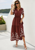 PRETTYGARDEN Women's Summer Boho Maxi Dress Spring Floral Short Sleeve V Neck A Line Flowy Beach Wedding Guest Dresses