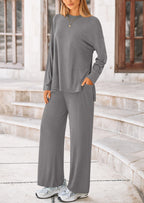 PRETTYGARDEN Women's Two Piece Lounge Sets Matching Long Sleeve Shirts Wide Leg Pants Tracksuits Travel Outfits Fall Clothes